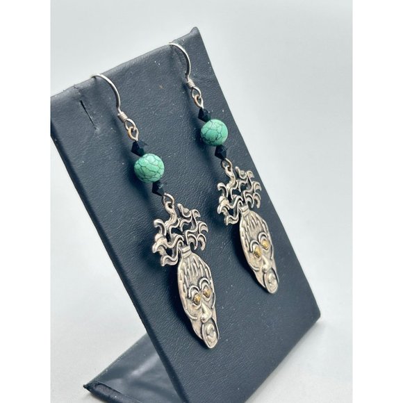 Sterling Silver Tribal Earrings Aztec Ethnic Face Design Long Pierced Dangles - Picture 2 of 6